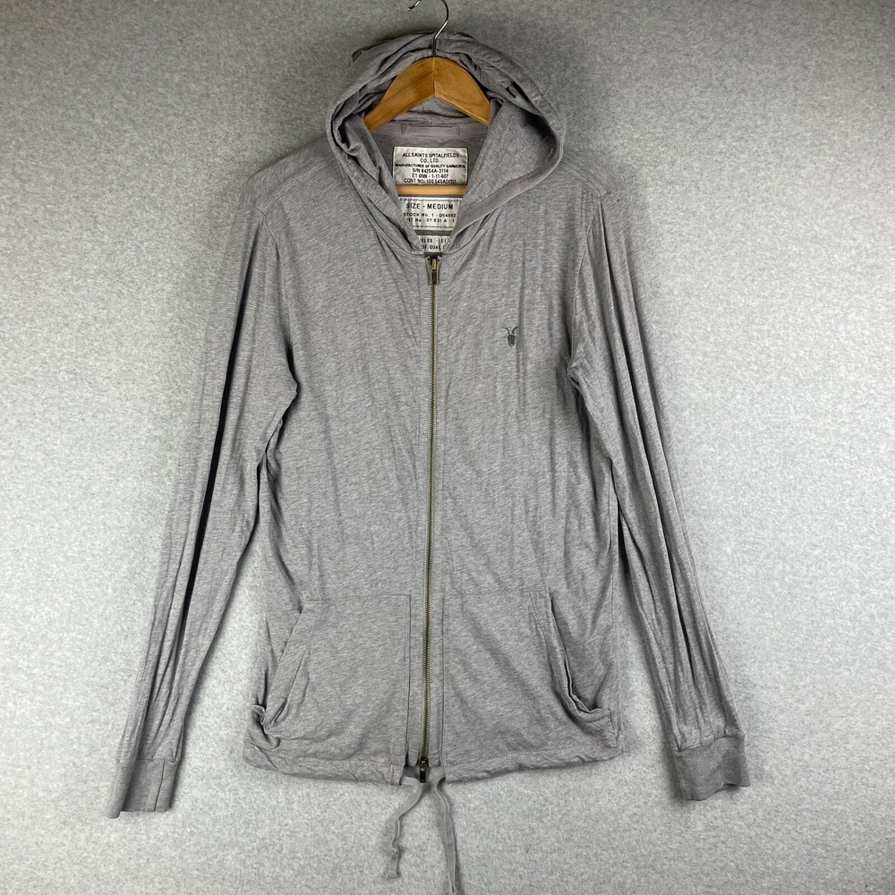 Allsaints Hoodie Men Large Gray Full Zip Embroidered‎ Lightweight Spitafields